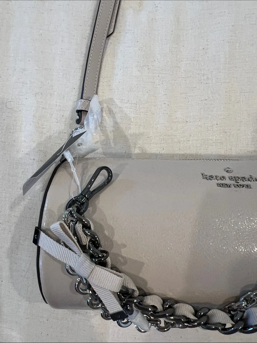 Kate Spade Light Gray Pebbled Leather Chain-Trim Crossbody